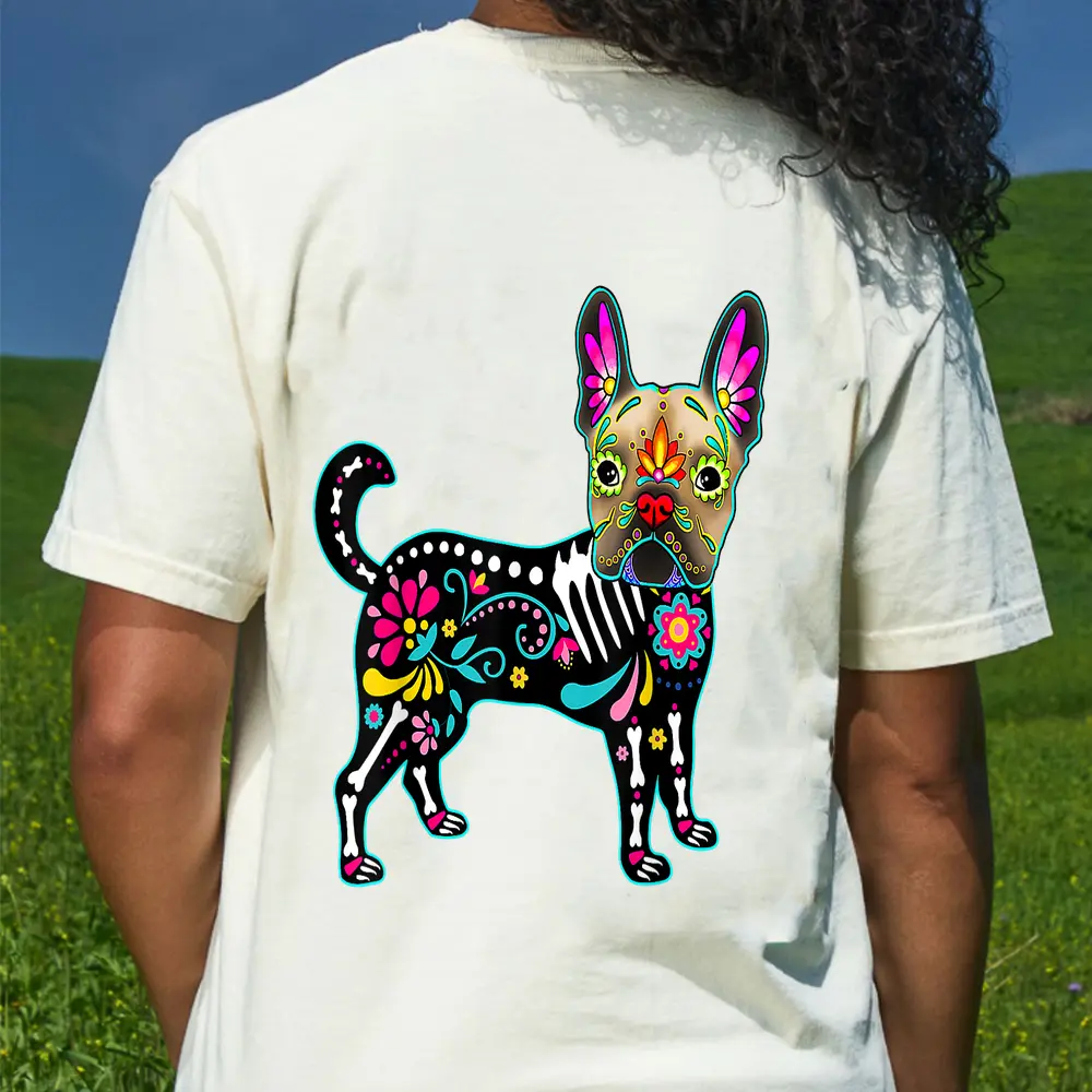 Calavera French Bulldog Frenchie Dia De Muertos Halloween T-Shirt - Cream