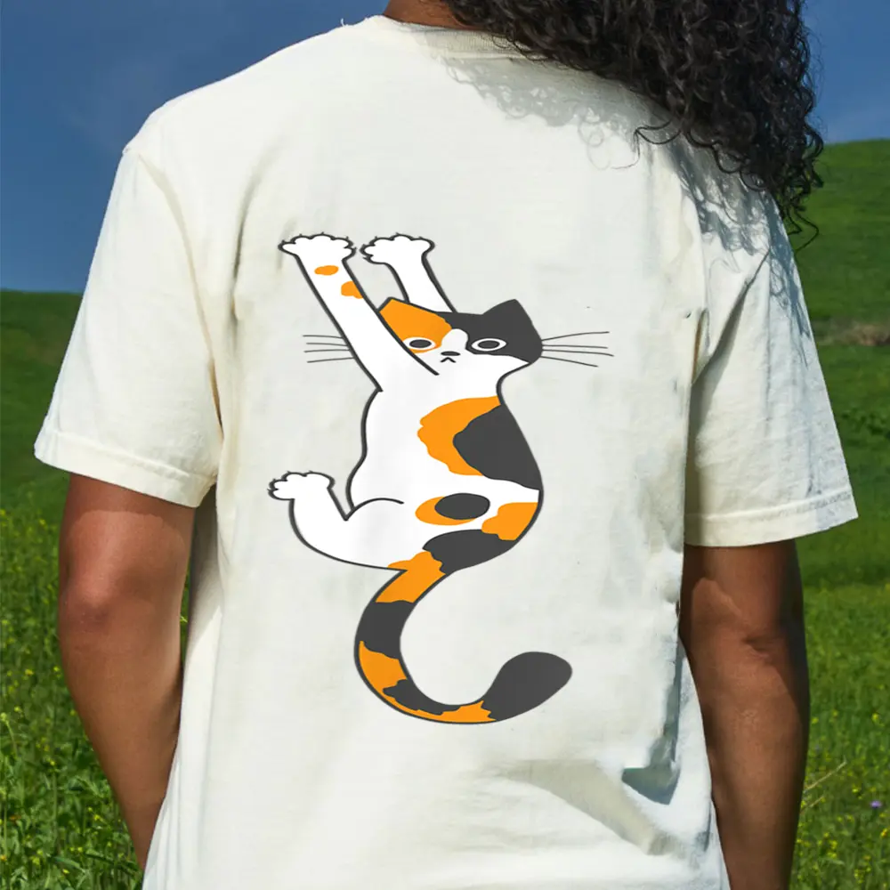 Calico Cat Hanging On T-Shirt - Cream