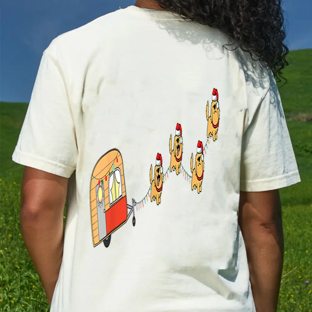 Camper Van Christmas Golden Retriever Sleigh X-mas Pajama T-Shirt - Cream