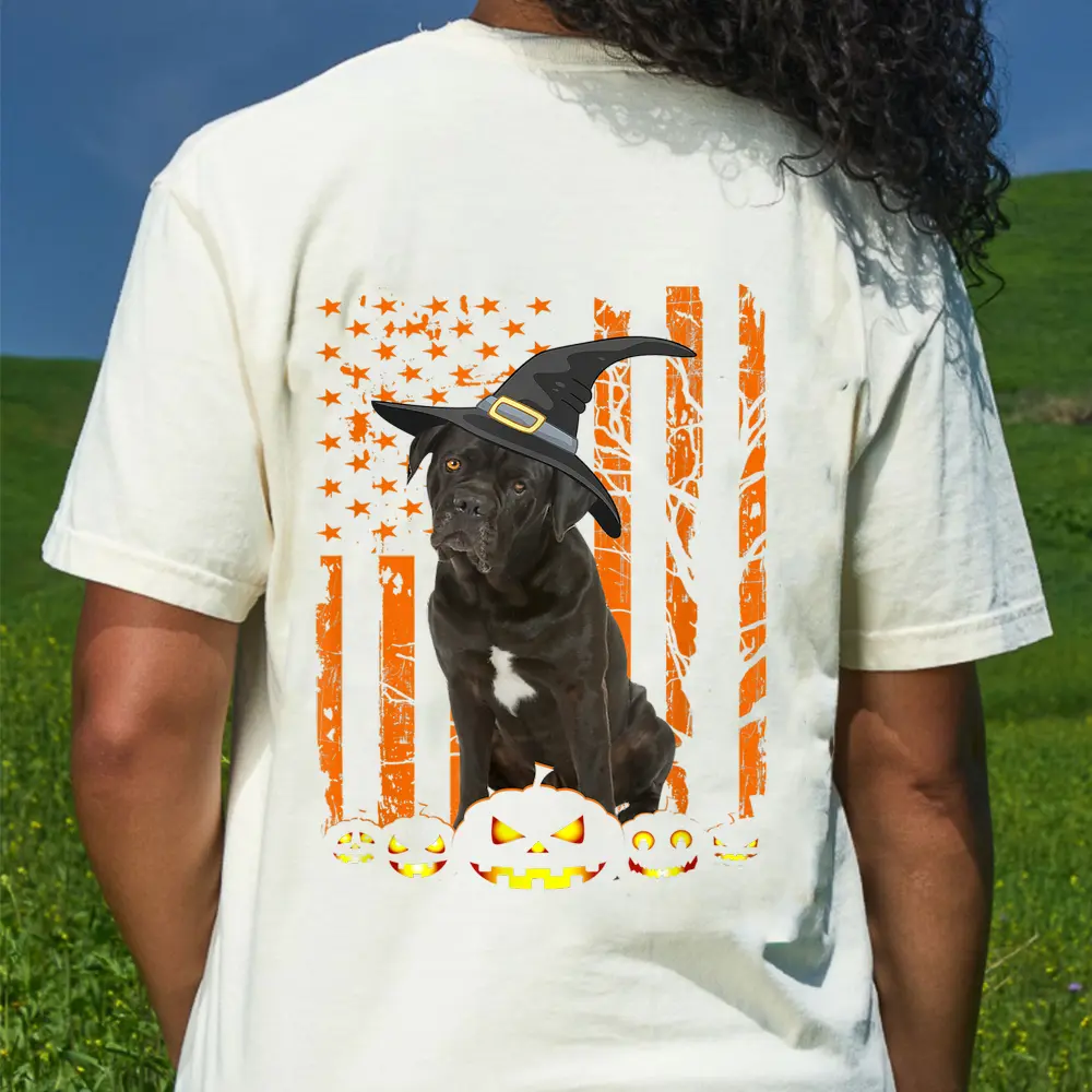 Cane Corso Dog Pumpkin American Flag Vintage Halloween Witch T-Shirt - Cream