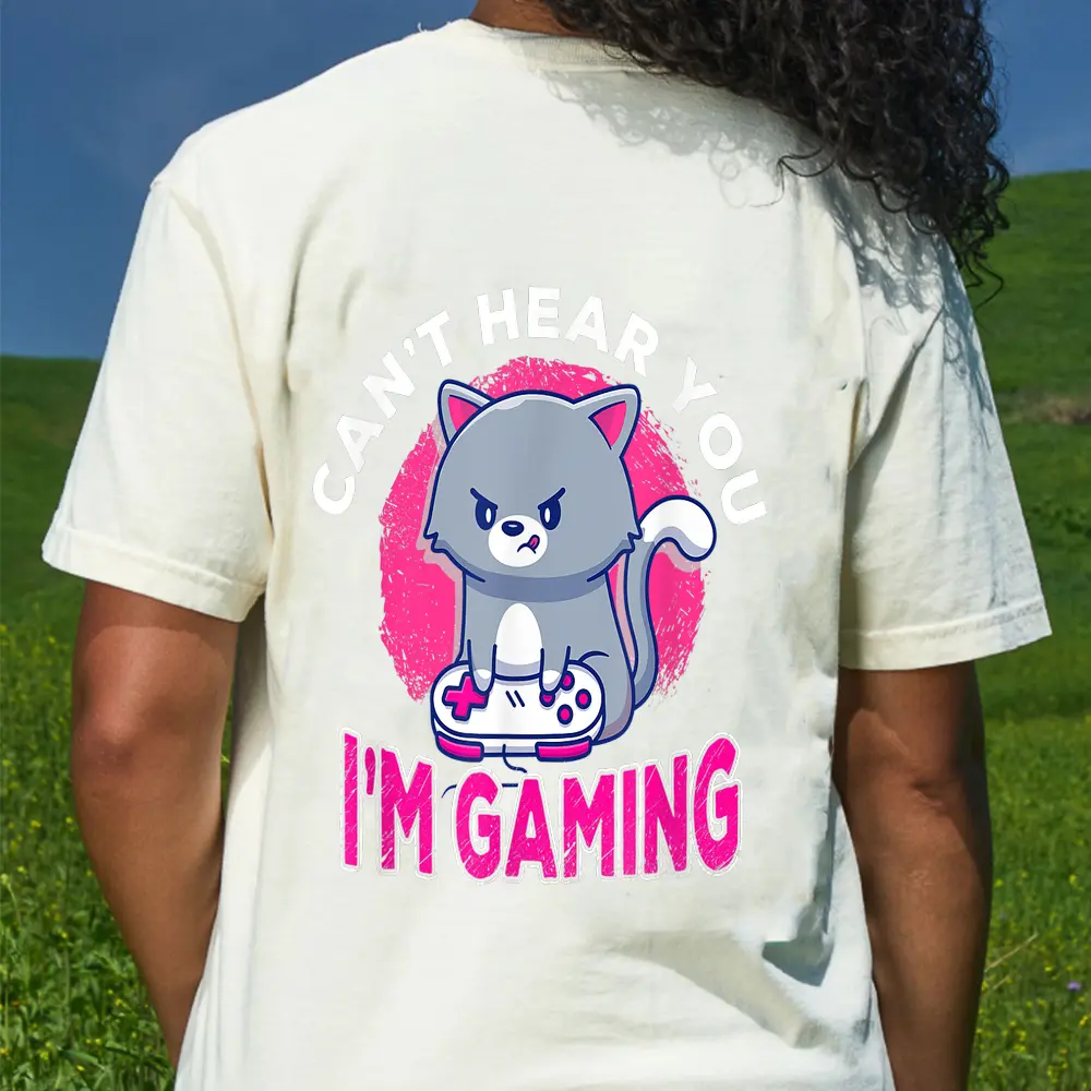 Can't Hear You I'm Gaming Funny Cute Cat Video Gamer Gift T-Shirt - Cream