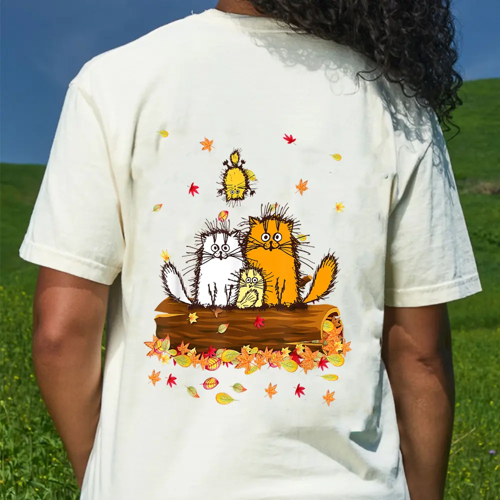 Cat Autumn Fall Leaves Thanksgiving T-Shirt - Cream