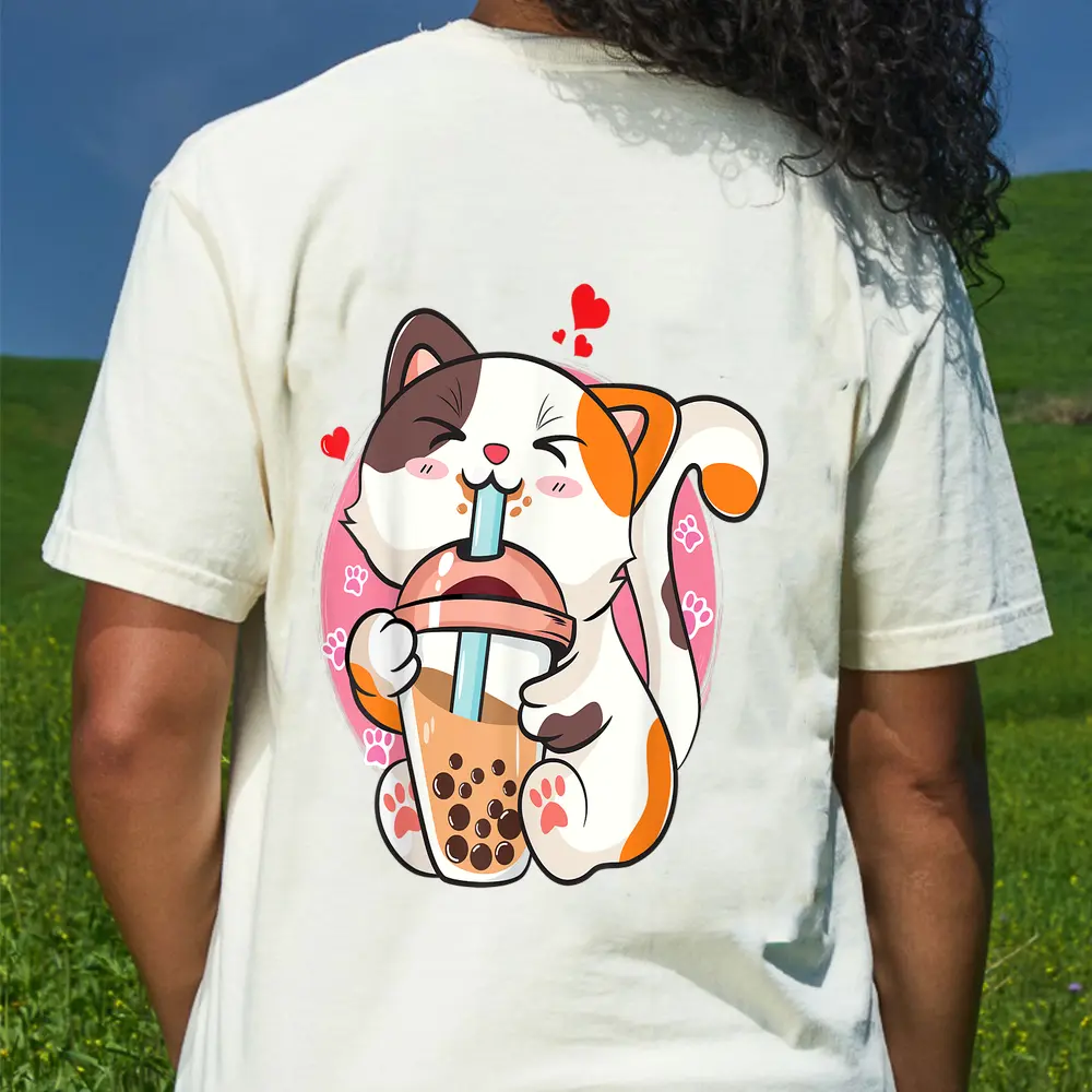 Cat Boba Bubble Tea Kawaii Anime Japanese T-Shirt - Cream