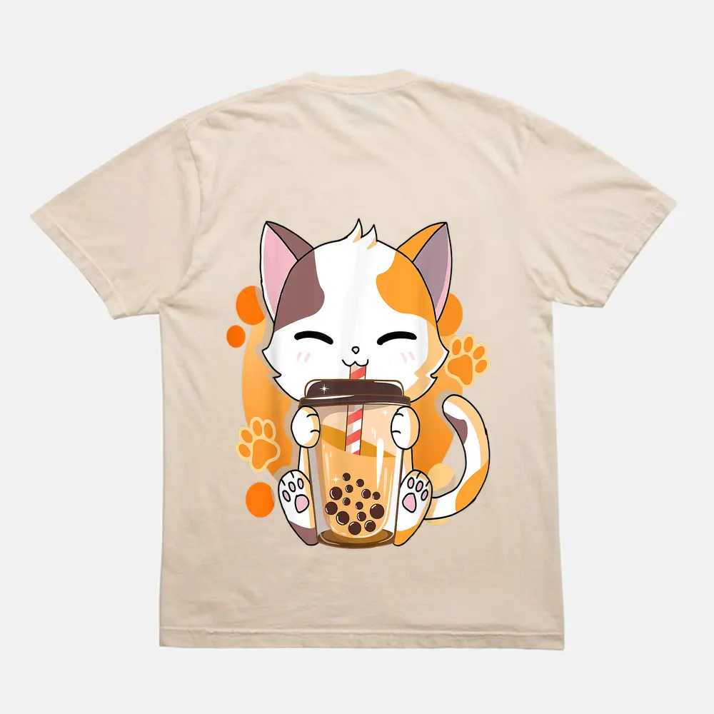 Cat Boba Tea Bubble Tea Anime Kawaii Neko For Girls Teenager_3 T-Shirt - Cream Cat Boba Tea Bubble Tea Anime Kawaii Neko For Girls Teenager_3 T-Shirt - Cream