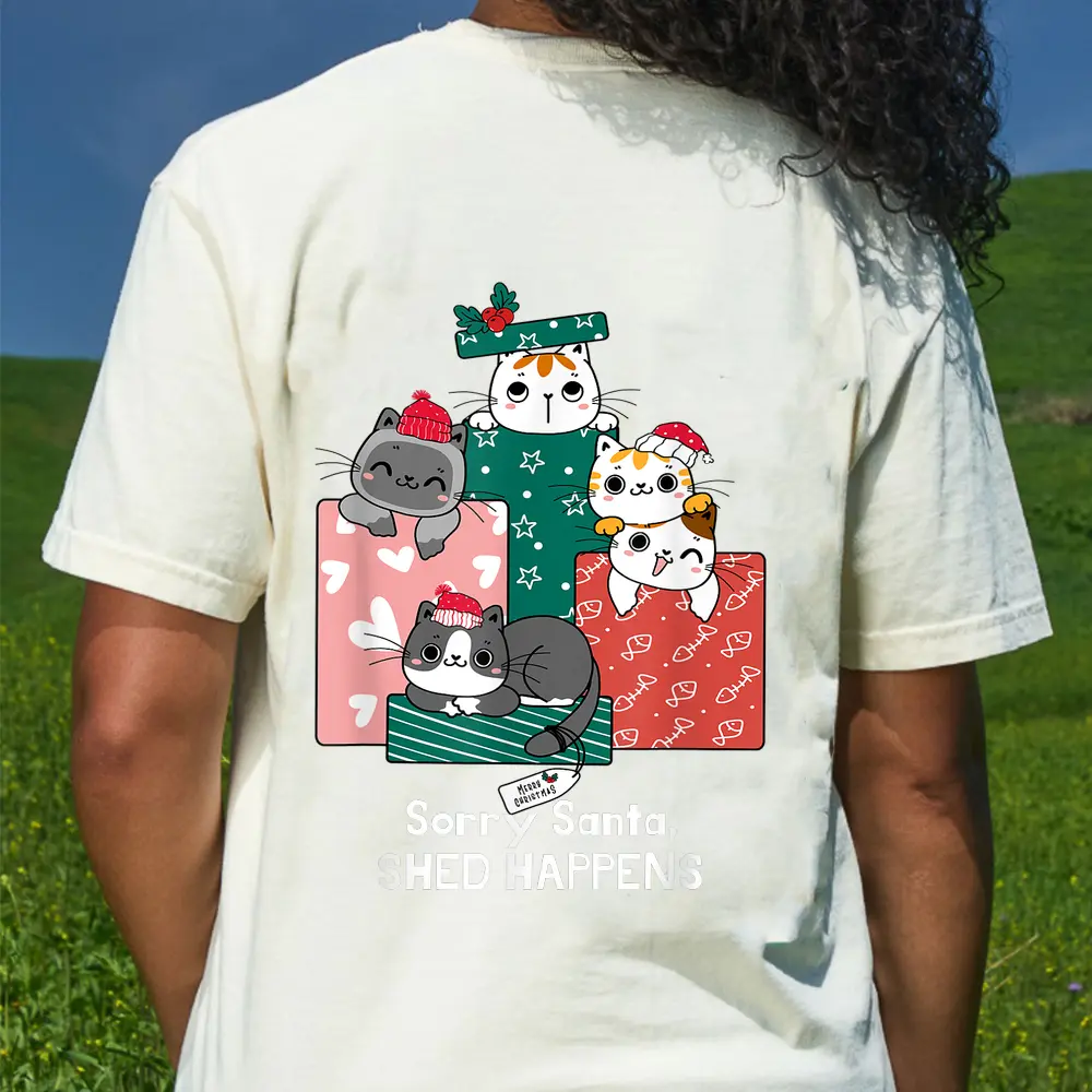 CAT Christmas  Sorry Santa Shed-Happens T-Shirt - Cream