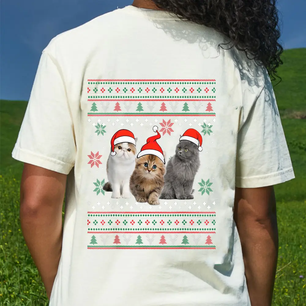 Cat Christmas Ugly Sweater Santa Hat Gifts For Cat Lover T-Shirt - Cream