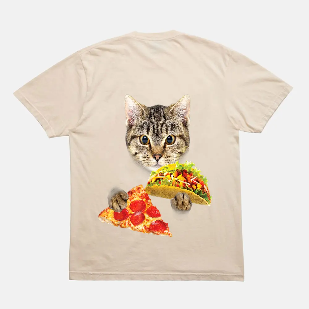 Cat Eating Taco And Pizza Funny Kitty By Zany Brainy T-Shirt - Cream Cat Eating Taco And Pizza Funny Kitty By Zany Brainy T-Shirt - Cream