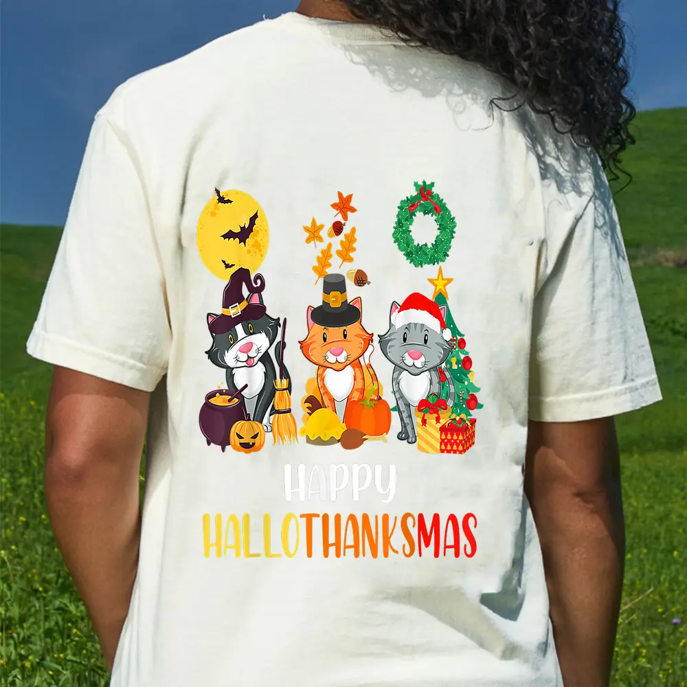 Cat Halloween Christmas Happy Hallothanksmas Thanksgiving T-Shirt - Cream