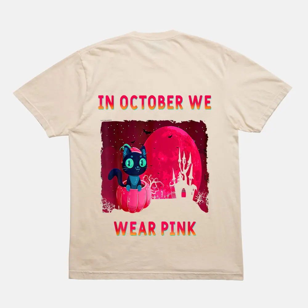 Cat In Pumpkin Halloween Kitten In October We Wear Pink Ee T-Shirt - Cream Cat In Pumpkin Halloween Kitten In October We Wear Pink Ee T-Shirt - Cream
