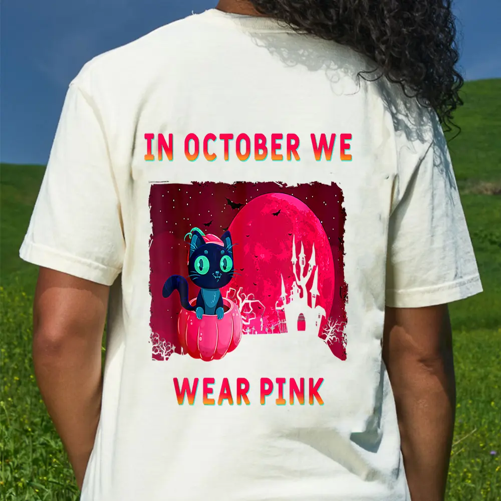 Cat In Pumpkin Halloween Kitten In October We Wear Pink Ee T-Shirt - Cream