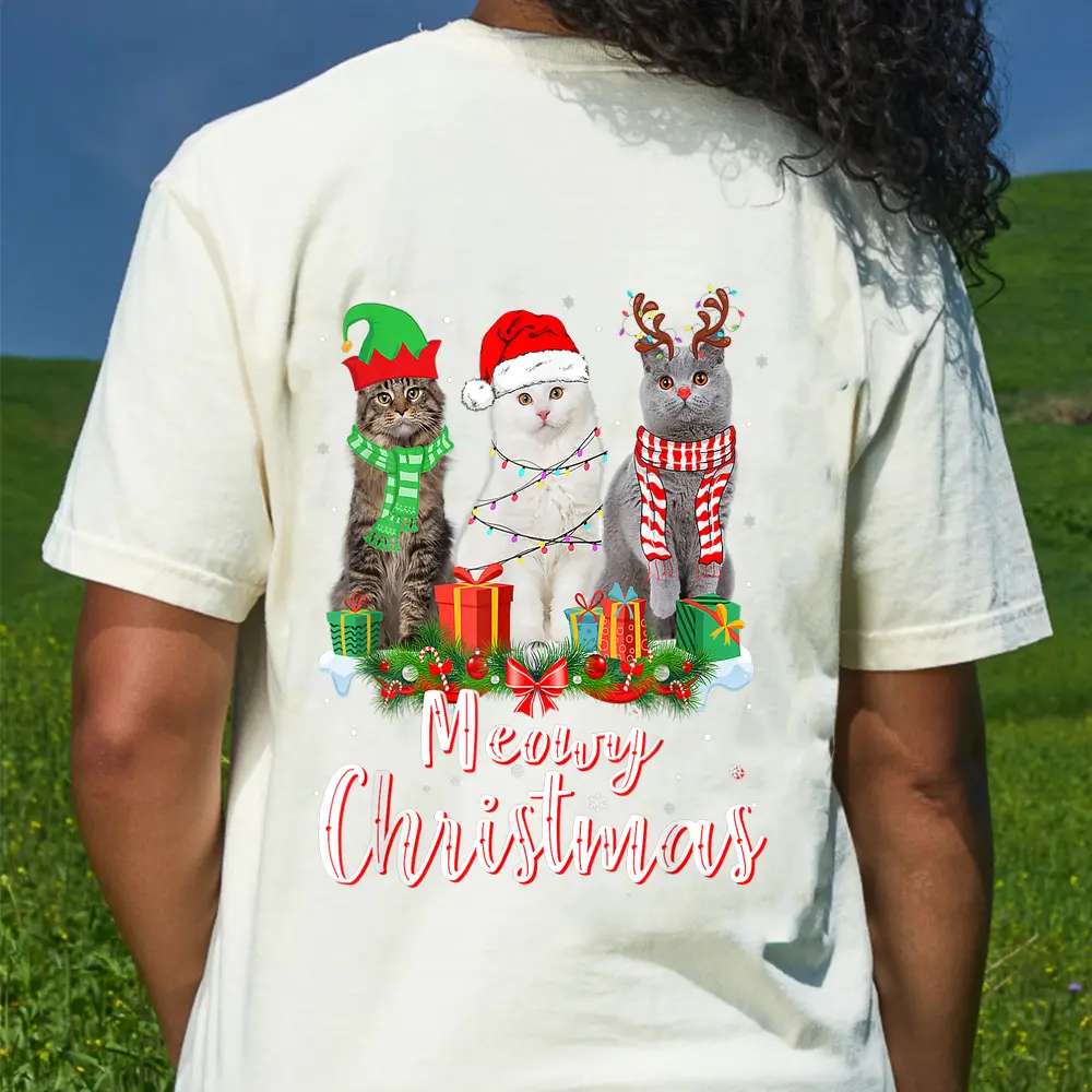Cat Meowy Family Matching Christmas Pajamas Santa Cats Xmas T-Shirt - Cream