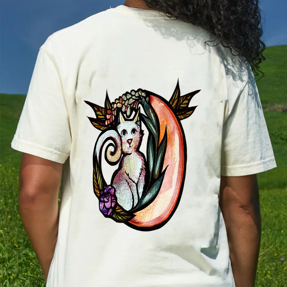 Cat Moon Flower Art Nature Kitty Cats T-Shirt - Cream