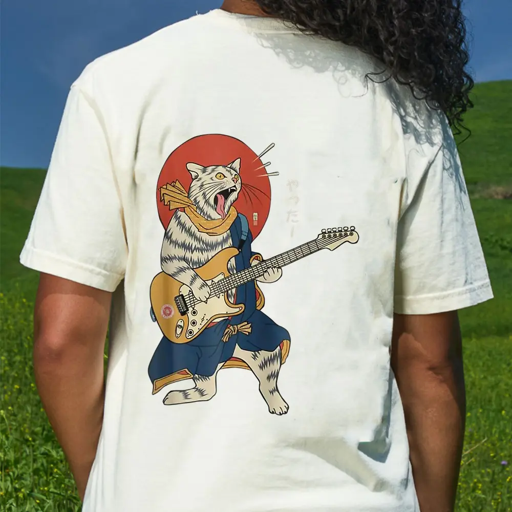 Cat Playing Guitar Ukiyo E Samurai Japanese Warrior T-Shirt - Cream