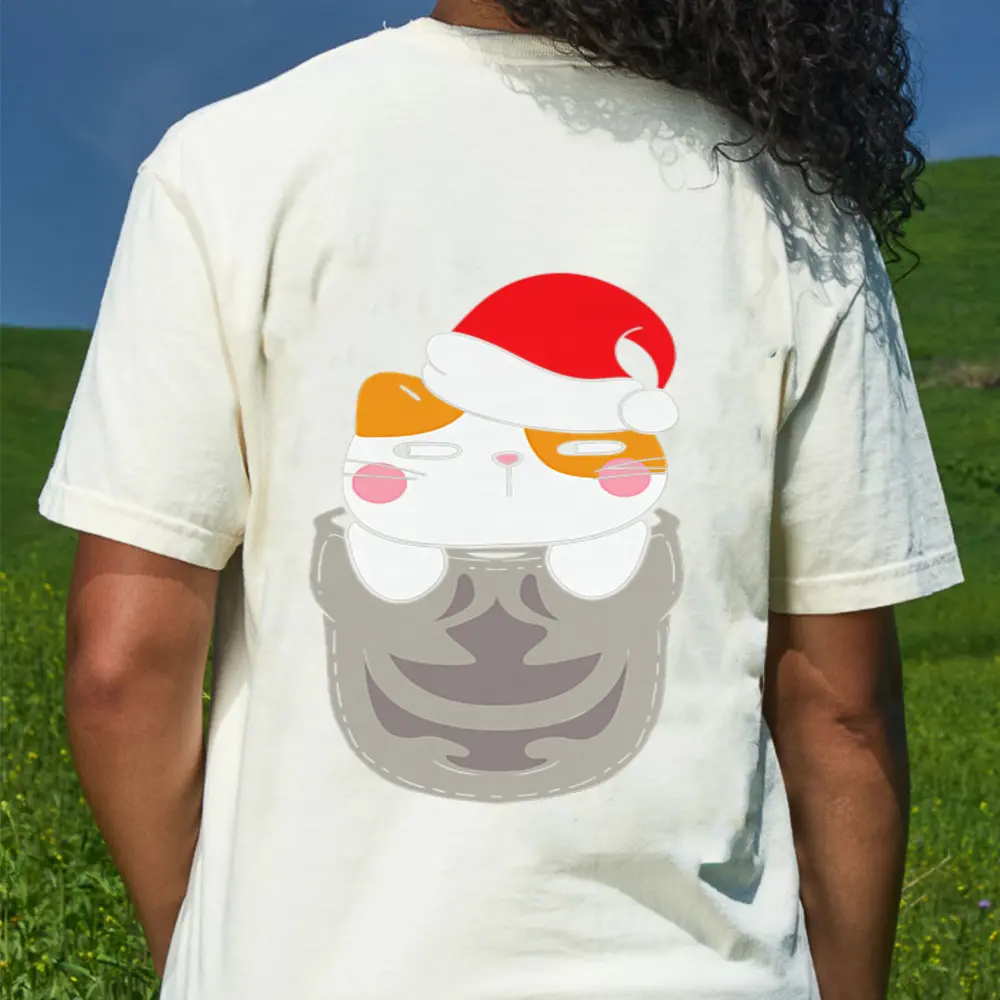 Cat Pocket Santa Hat Christmas Pajama Cute Kitten Xmas  T-Shirt - Cream