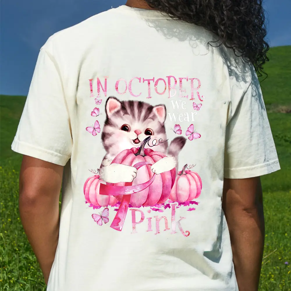 Cat Pumpkin Halloween In October We Wear Pink Breast Cancer T-Shirt - Cream