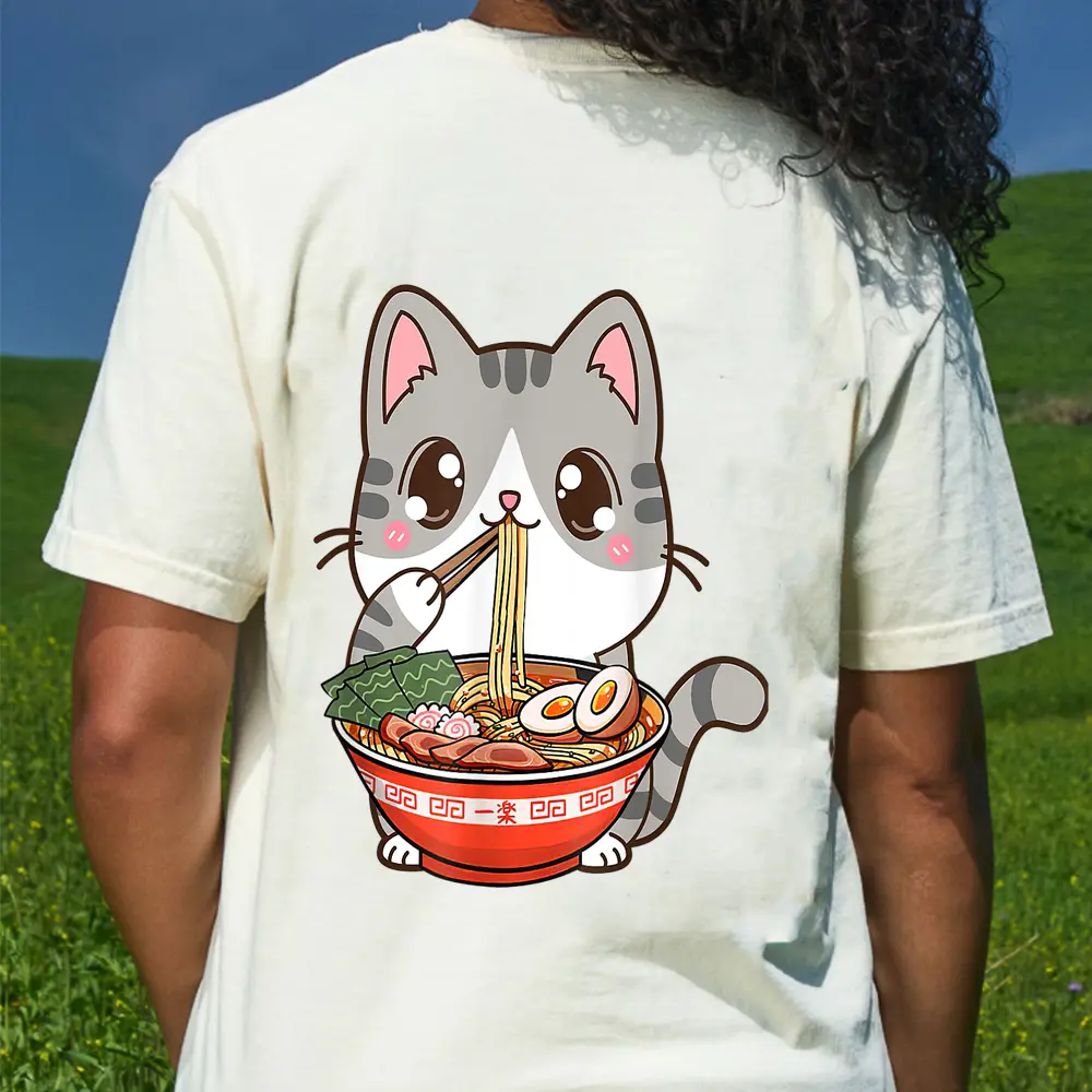 Cat Ramen Kawaii Anime Japanese Food Girls Official Teenager T-Shirt - Cream