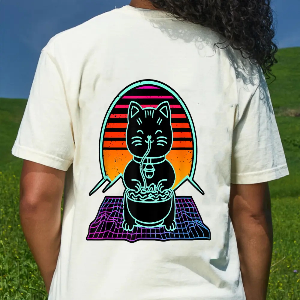 Cat Tshirt Cute Cat Tee Cat Lover Shirt Retrowave Cat T-Shirt - Cream