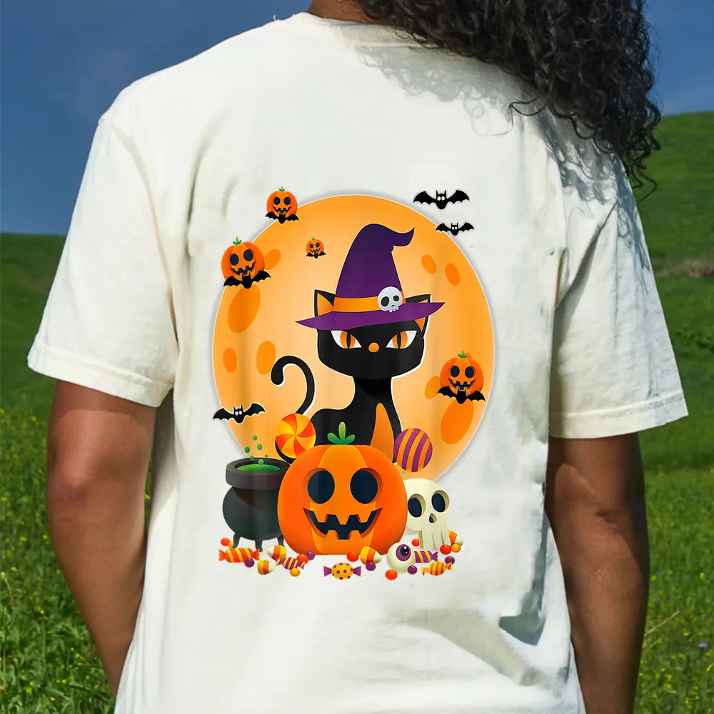 Cat With Witch Hat Pumpkin Bat Moon Cat Funny Halloween T-Shirt - Cream