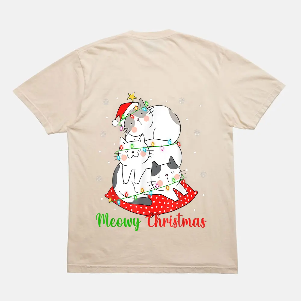 Cat Xmas Ree Lights Santa Cat Christmas T-Shirt - Cream Cat Xmas Ree Lights Santa Cat Christmas T-Shirt - Cream