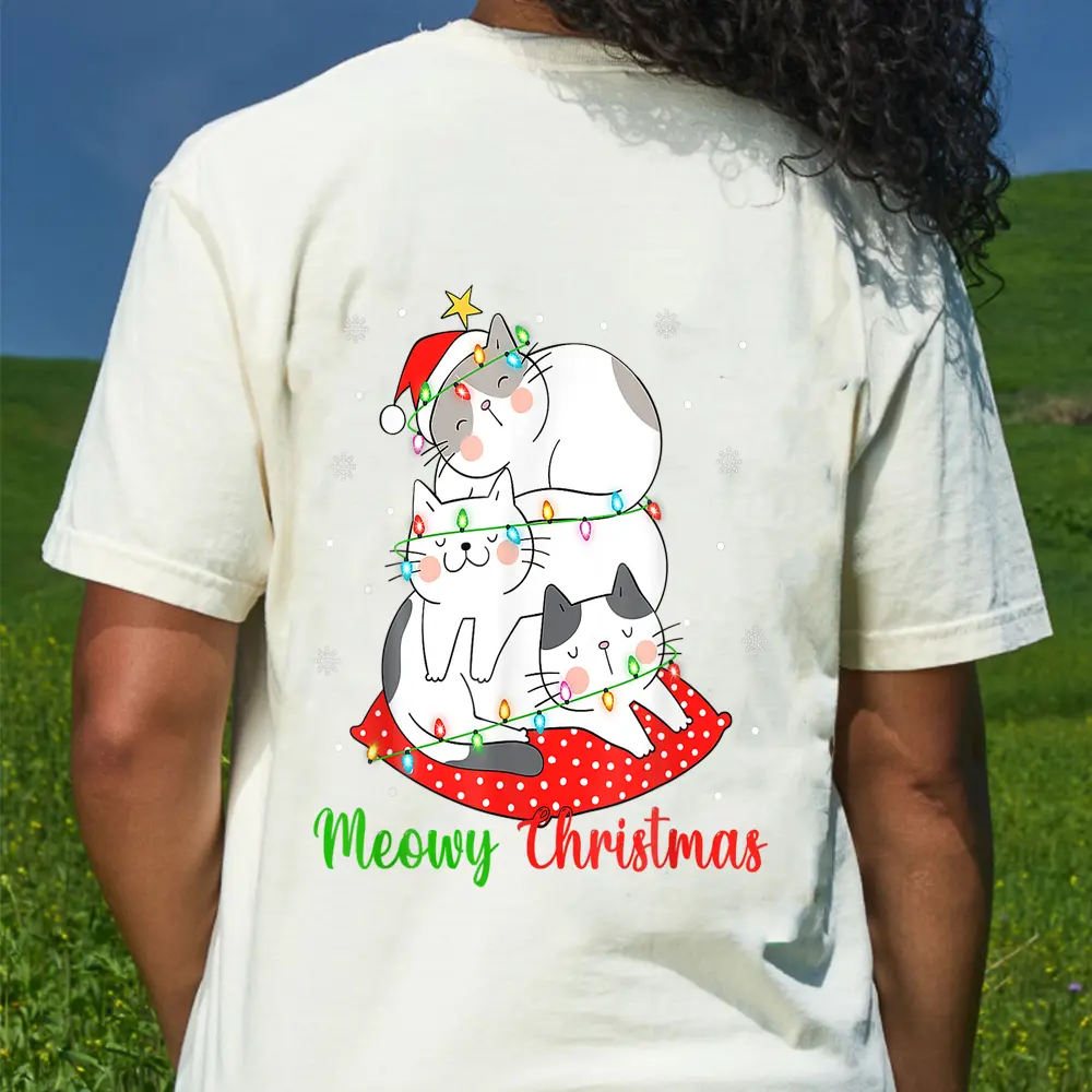 Cat Xmas Ree Lights Santa Cat Christmas T-Shirt - Cream