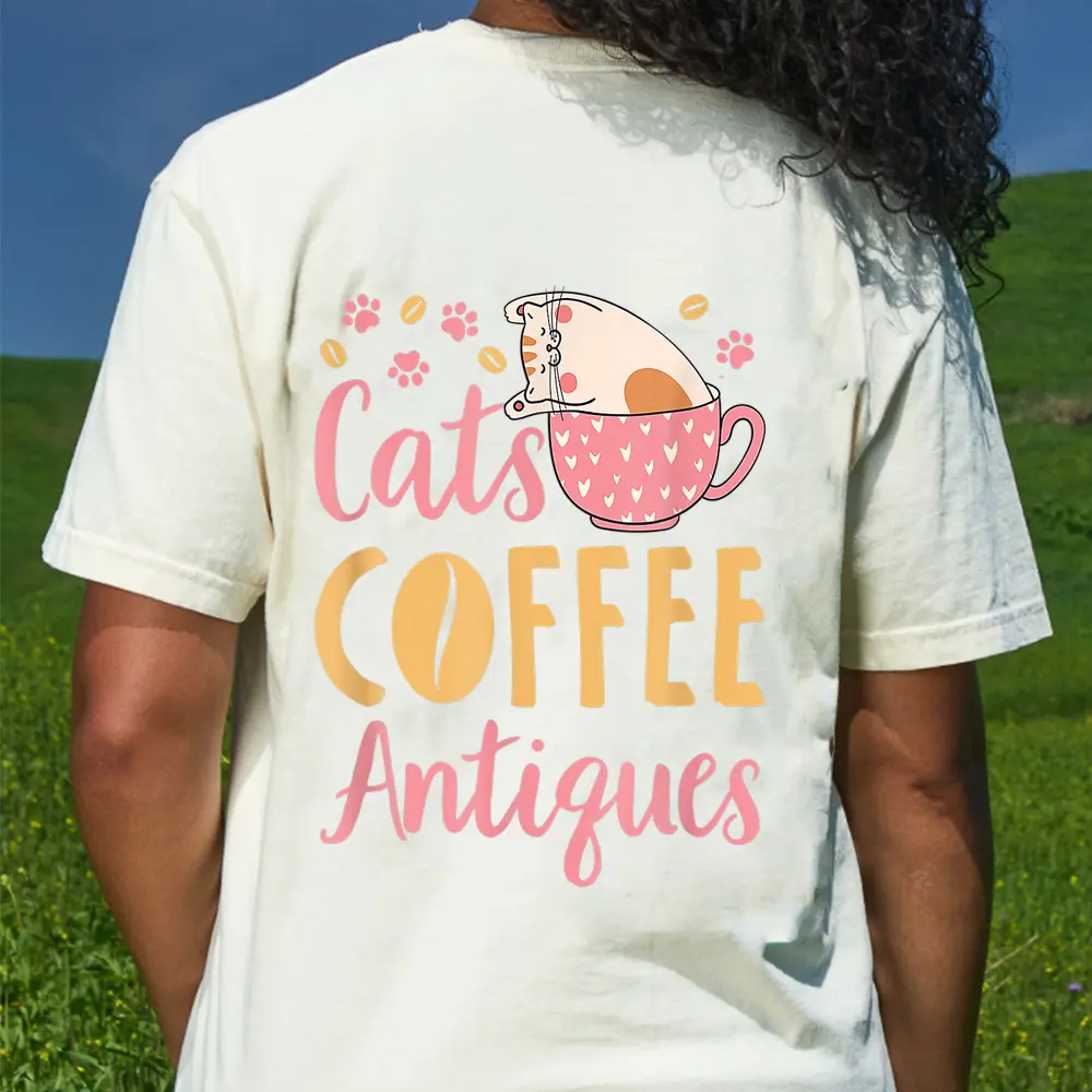 Cats Coffee Antiques Cat Lover Antiquing T-Shirt - Cream