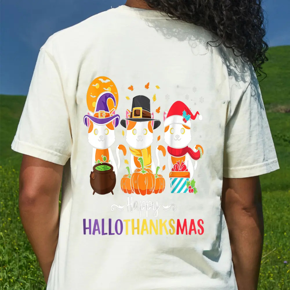 Cats Happy HalloThanksMas T-Shirt - Cream