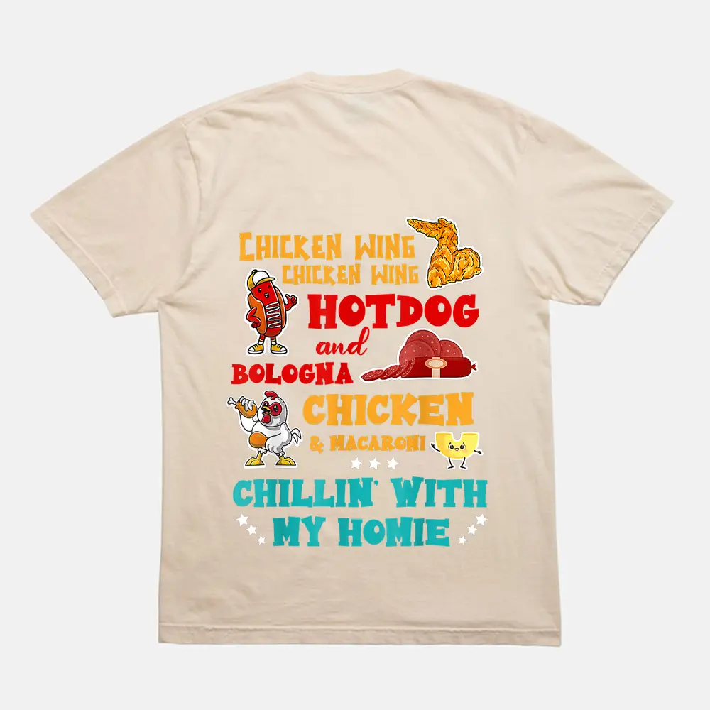 Chicken Wing Hot Dog And Bologna Chicken Macaroni Design T-Shirt - Cream Chicken Wing Hot Dog And Bologna Chicken Macaroni Design T-Shirt - Cream