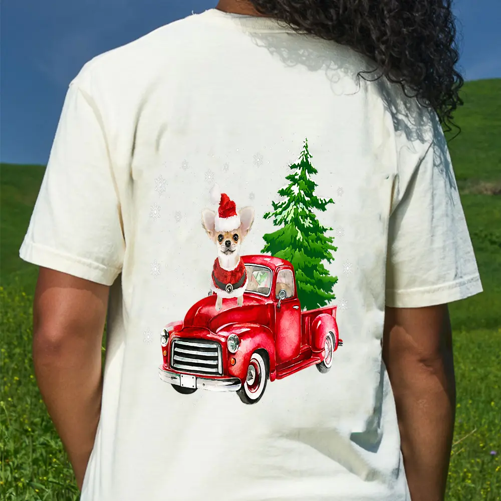 Chihuahua Dog Christmas On Red Car Truck With Xmas Tree Dog T-Shirt - Cream