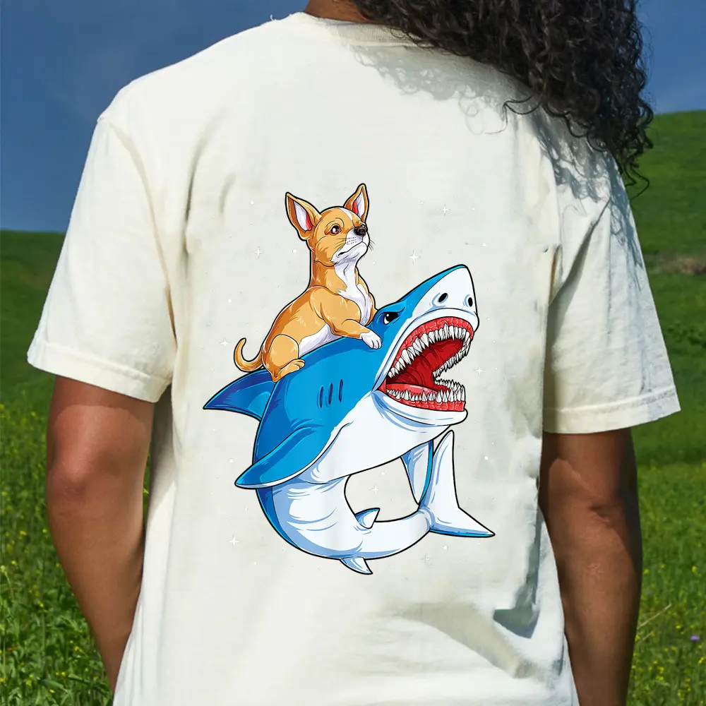 Chihuahua Riding Shark Jawsome Dog Lover Gifts Space Galaxy T-Shirt - Cream