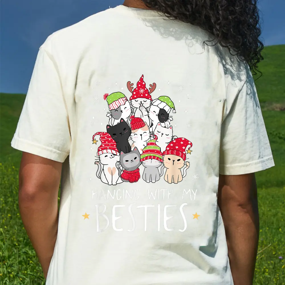 Christmas Cat Lover Christmas Tree Kawaii Cat Bestie T-Shirt - Cream