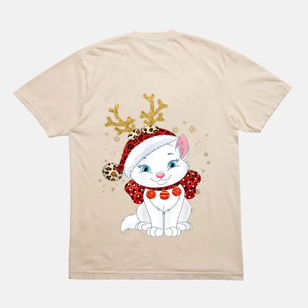Christmas Cat Reindeer Light Antlers T-Shirt - Cream Christmas Cat Reindeer Light Antlers T-Shirt - Cream