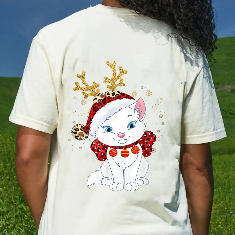Christmas Cat Reindeer Light Antlers T-Shirt - Cream
