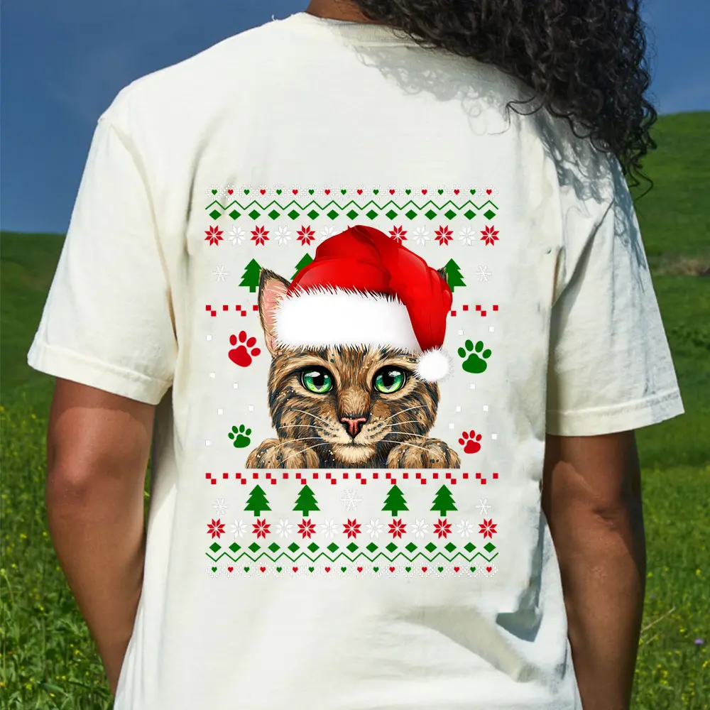 Christmas Cat Santa Hat Merry Catmas Ugly Christmas Sweater Premium T-Shirt - Cream