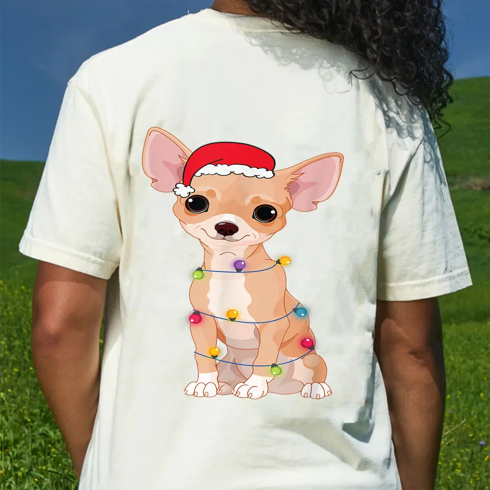 Christmas Funny Chihuahua Dog Lover Santa Hat Lights Xmas T-Shirt - Cream