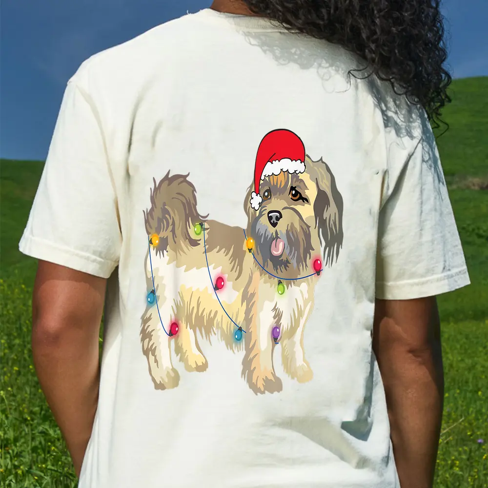 Christmas Funny Shitzu Dog Lover Santa Hat Lights Xmas Gifts T-Shirt - Cream