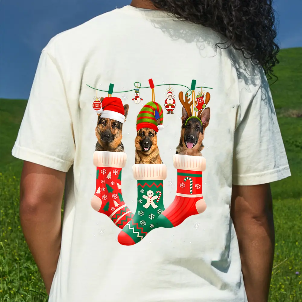Christmas German Shepherd Sock Xmas Reindeer Santa ELF Dog T-Shirt - Cream