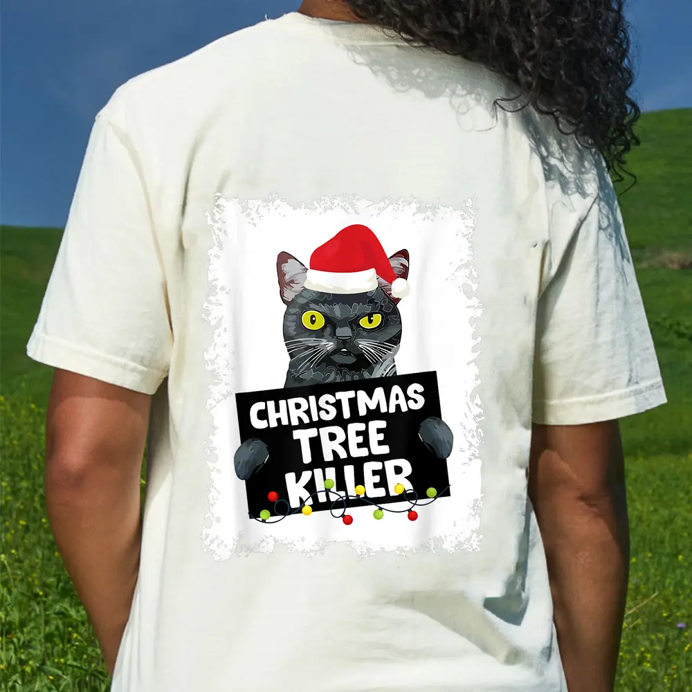 Christmas Tree Killer Naughty Black Cat Christmas T-Shirt - Cream