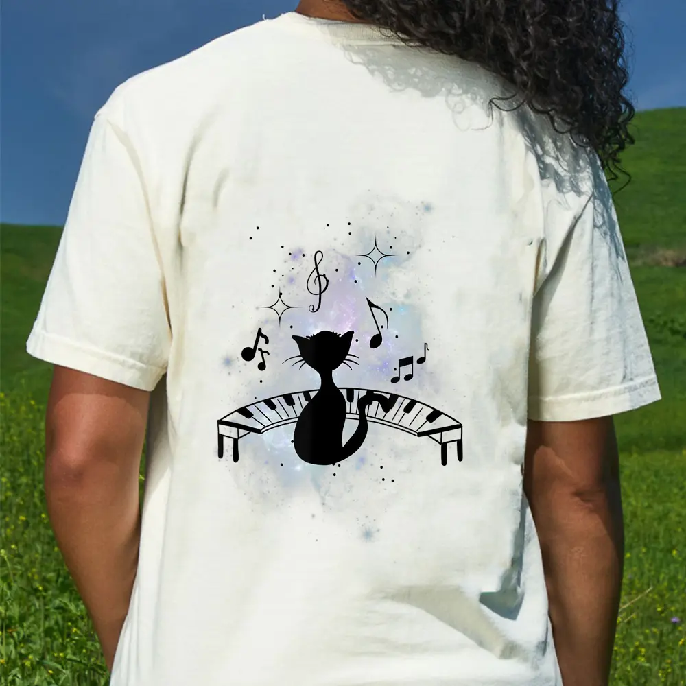 Cool Music And Cats - Cat Playing Piano - Music Note Lover T-Shirt - Cream