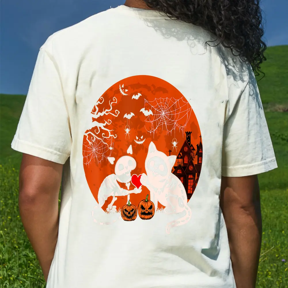 Couple Skeleton Horror Cats Halloween Couple Cat Owner Lover T-Shirt - Cream