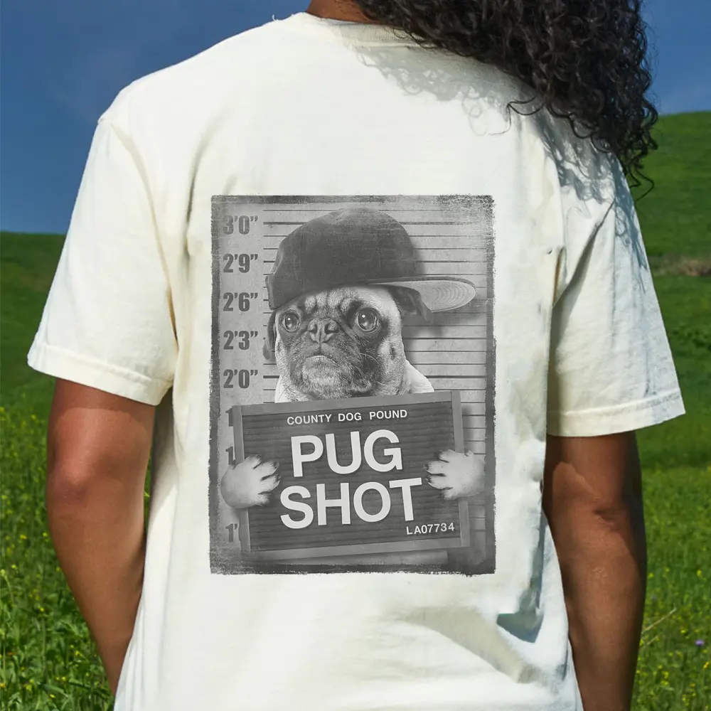 Trendy Graphic Pug Shot County Dog Pound Portrait T-Shirt - Cream