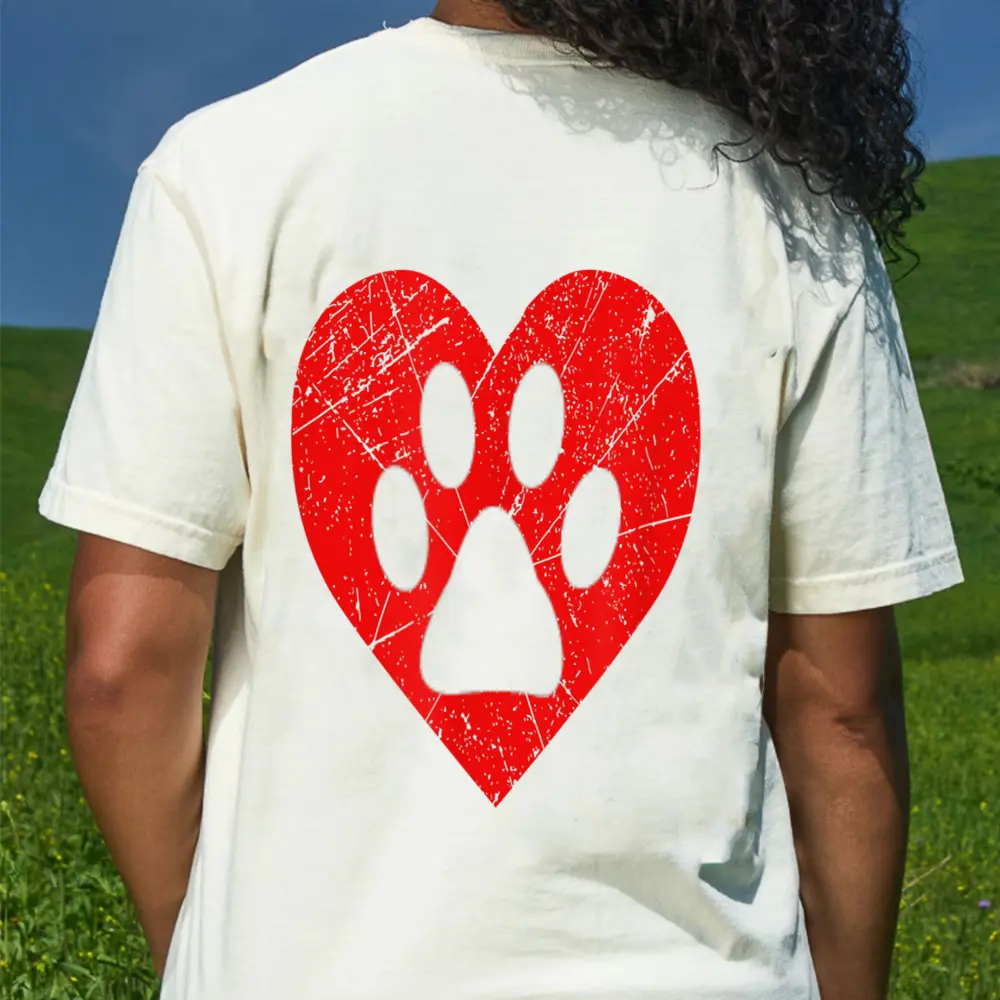 Vintage Dog Lover Heart Love Valentine's Day Paw Print T-Shirt - Cream