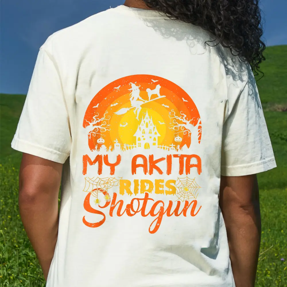 Vintage Sunset My Akita Dog Ride Shotgun Halloween T-Shirt - Cream