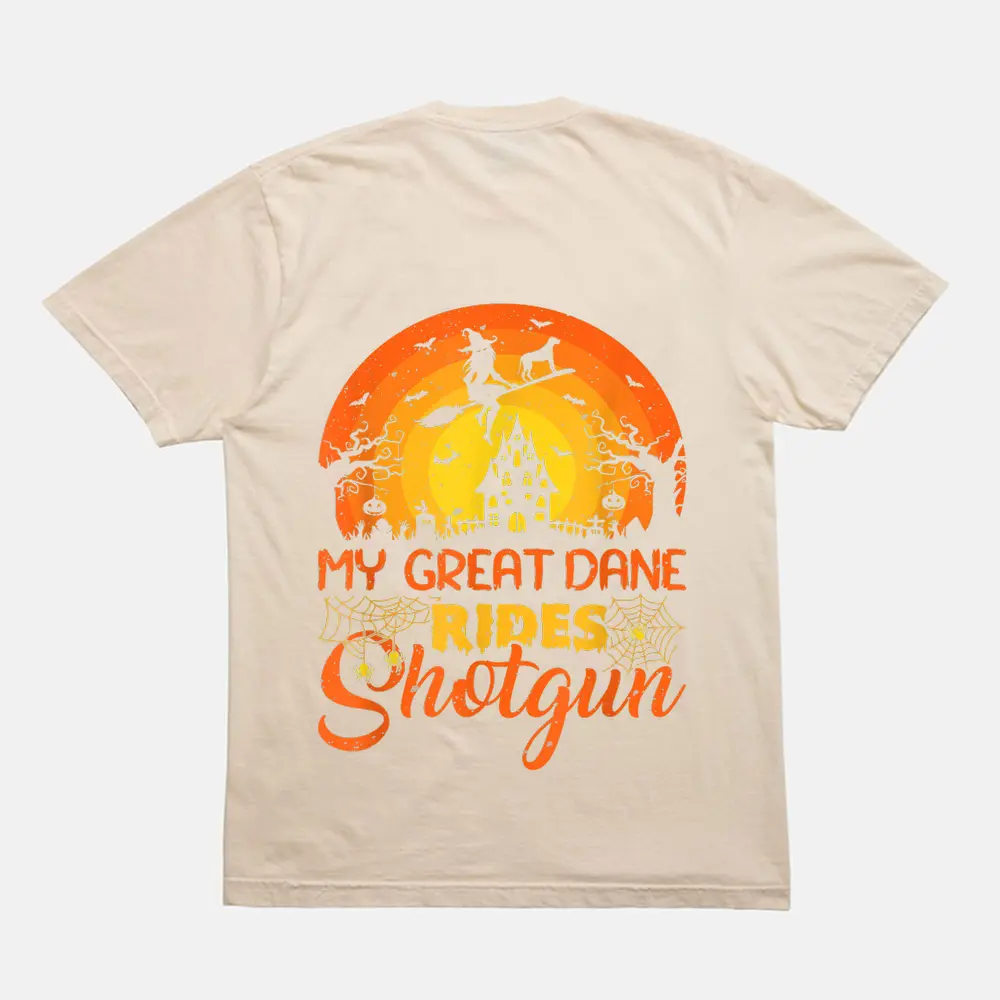 Vintage Sunset My Great Dane Dog Ride Shotgun Halloween T-Shirt - Cream Vintage Sunset My Great Dane Dog Ride Shotgun Halloween T-Shirt - Cream