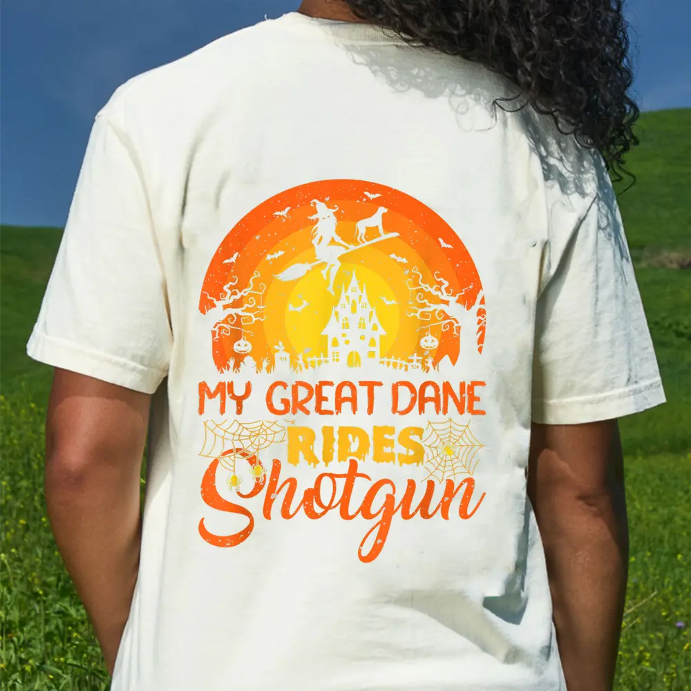 Vintage Sunset My Great Dane Dog Ride Shotgun Halloween T-Shirt - Cream