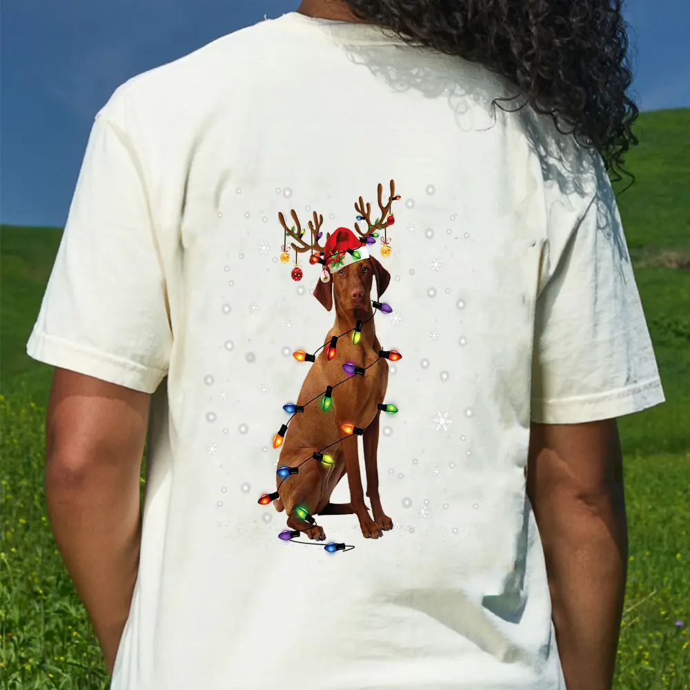 Vizsla Christmas Reindeer Santa Hat Pajama Dog Lover Funny T-Shirt - Cream