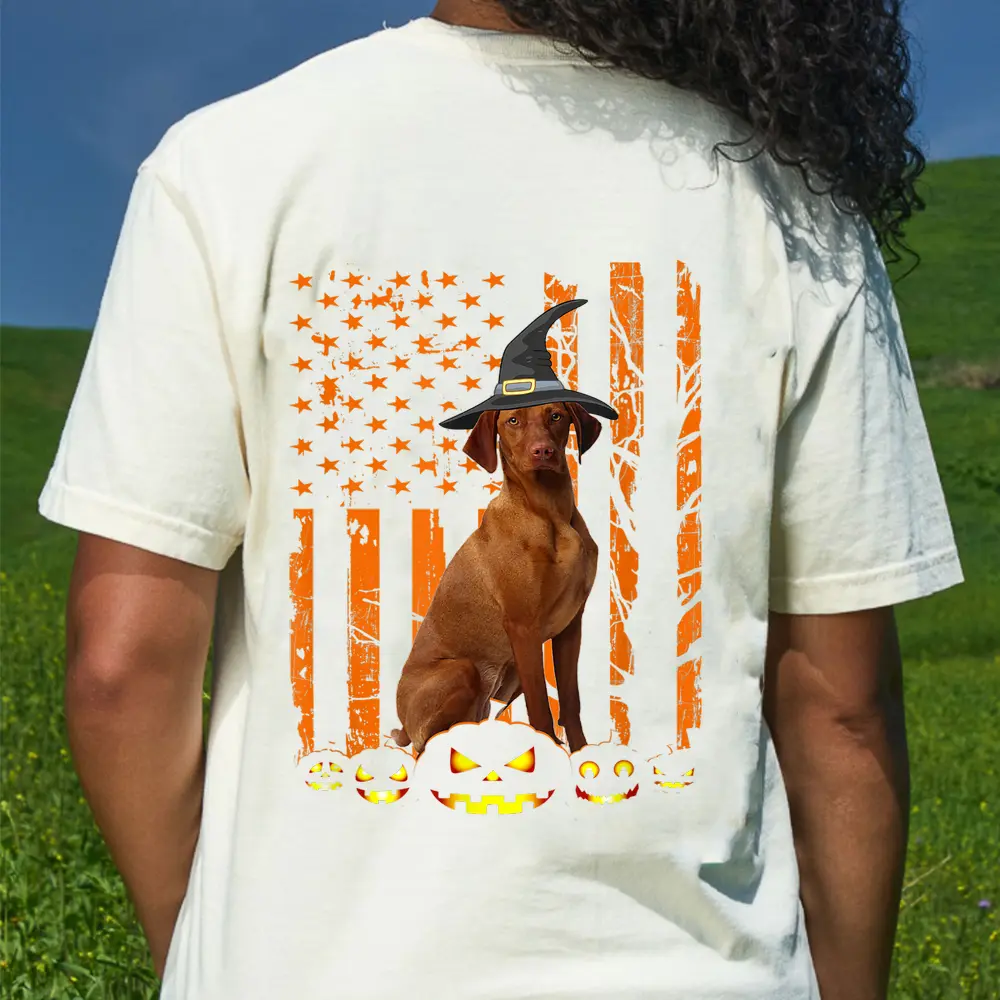 Vizsla Dog Pumpkin American Flag Vintage Halloween Gifts T-Shirt - Cream