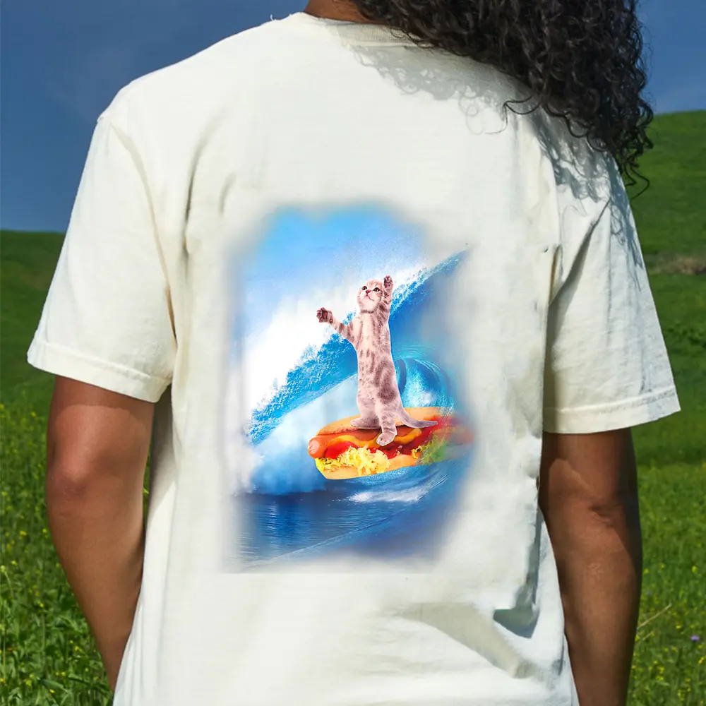 Walnut  39th Cat Surfing Hot Dog T-Shirt - Cream
