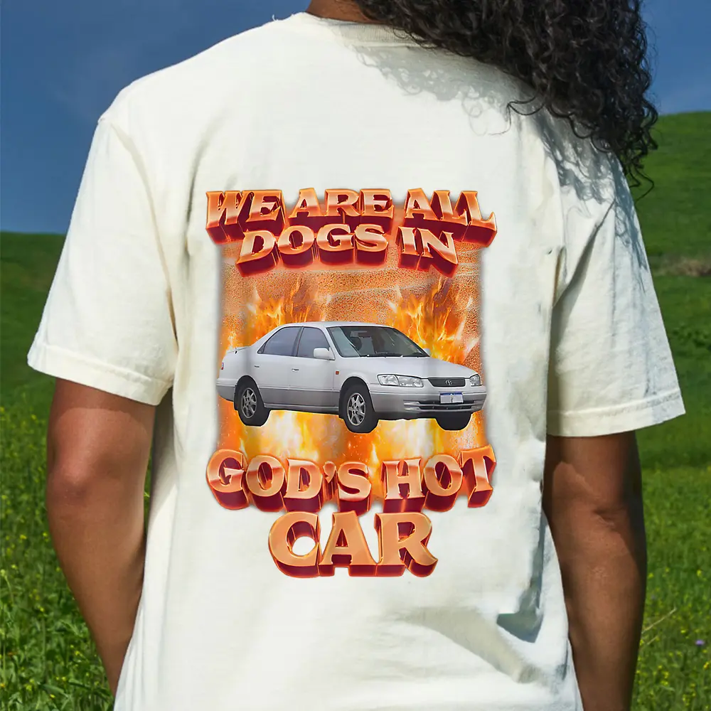 We Are All Dogs In God's Hot Car Funny T-Shirt - Cream