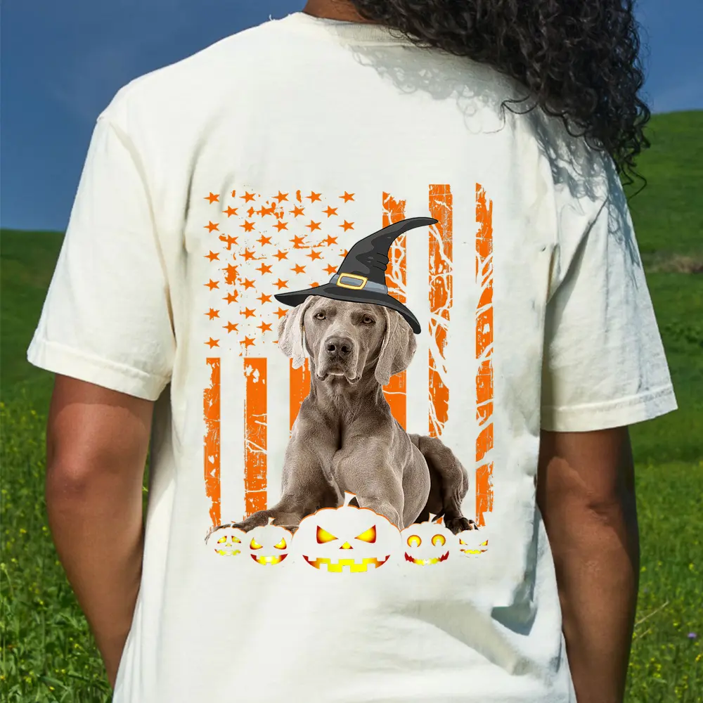 Weimaraner Dog Pumpkin American Flag Vintage Halloween Gifts T-Shirt - Cream