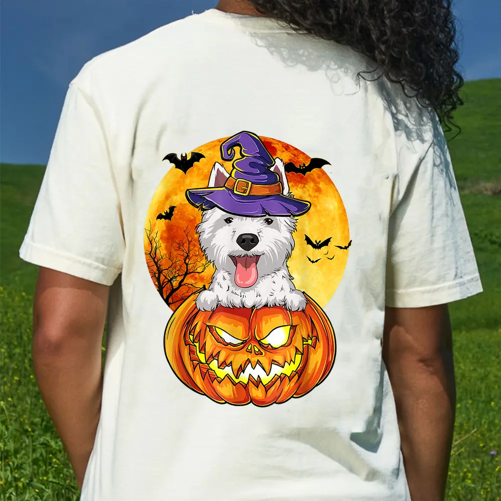 Westie Witch Pumpkin Halloween Dog Lover Funny T-Shirt - Cream
